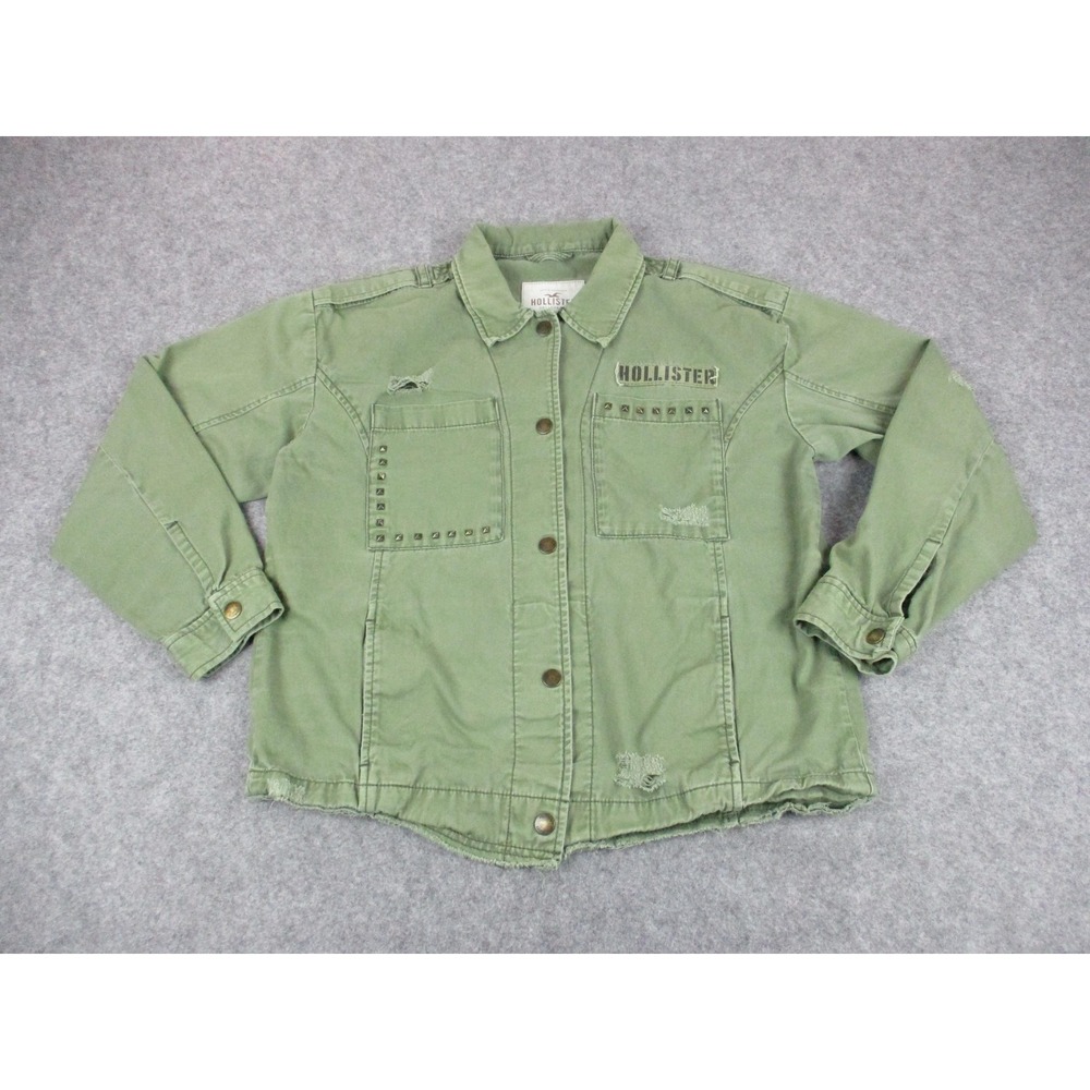 Hollister Shirt Womens Large Green Studded Snap Button Front Twill Military Y2K